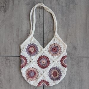 Crochet Granny Square Floral Tote Bag Tan Purple